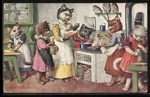 AK Katze brät Mäuse in der Pfanne, vermenschlichte Tiere