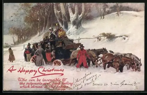 AK Postkutsche ist im Schnee steckengeblieben, Weihnachtsgruss