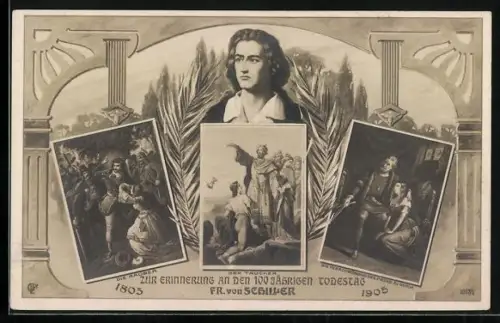 AK 100jähriger Todestag Friedrich Schiller, 1805-1905, Schiller-Szenen