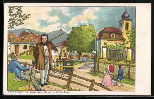 AK Franz Schubert am Spaziergang bei der Nussdorfer-Linie, Pferdekutsche