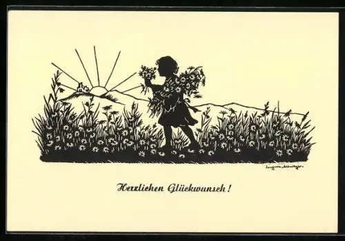 Künstler-AK Josefine Allmayer: Kind mit Blumen in der aufgehenden Sonne, Scherenschnitt
