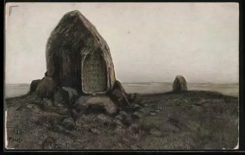 Künstler-AK Fritz Hass: Tannenberg, Gedächtnisstein auf dem Schlachtfeld von 1410