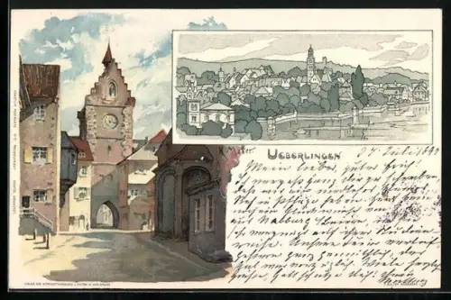 Künstler-AK K. Mutter: Überlingen Bodensee, Tor mit Uhr, Ortsansicht