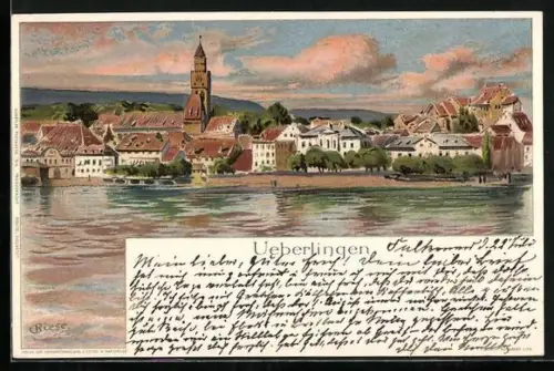 Künstler-AK Carl Biese: Ueberlingen / Bodensee, Wasserpartie mit Blick auf die Kirche