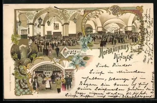 Lithographie Inneres vom Münchner Hofbräuhaus