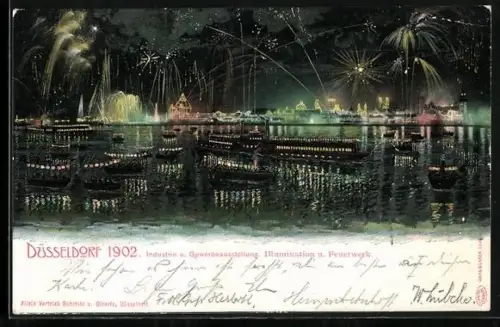 AK Düsseldorf, Industrie- und Gewerbe-Ausstellung 1902, Illumination und Feuerwerk