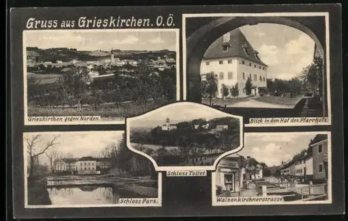 AK Grieskirchen, Ortsansicht gegen Norden, Schloss Tollet, Schloss Parz, Waizenkirchnerstrasse, Hof des Pfarrhofs