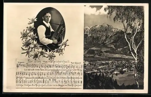 AK Bad Reichenhall, Panoramablick auf den Ort, Lied Für dich mein Reichenhall