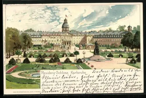 Künstler-Lithographie Heinrich Kley: Karlsruhe, Sicht auf das Residenz-Schloss