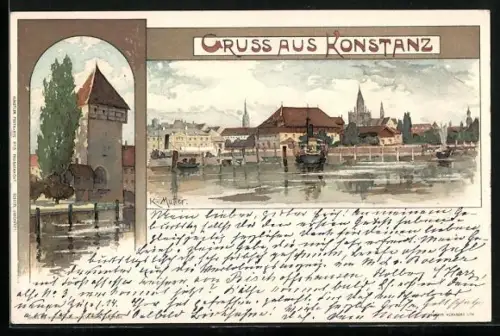 Künstler-AK Karl Mutter: Konstanz, Partie am Bodensee, Alter Turm
