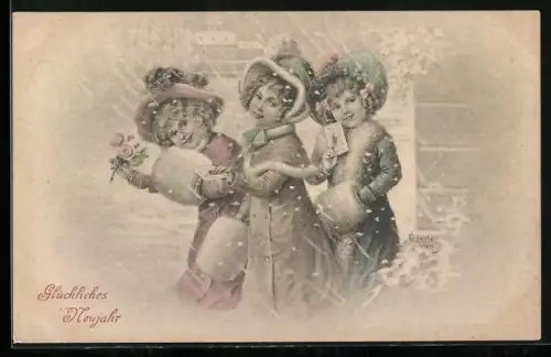 Künstler-AK Kränzle: Glückliches Neujahr, Mädchen in Pelzmänteln