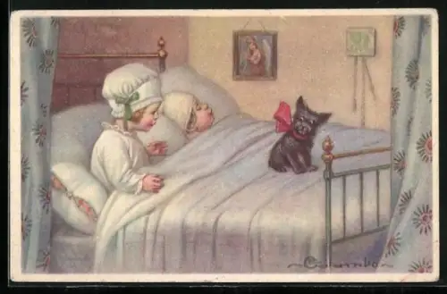 Künstler-AK E. Colombo: Schwarzes Hündchen auf dem Bett eines schlafenden Paares