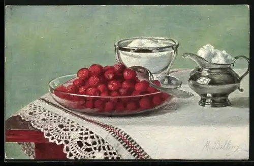 Künstler-AK M. Billing: Stillleben mit Erdbeeren und Sahnekännchen