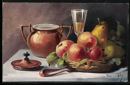 Künstler-AK Mary Golay: Stillleben mit Früchtekorb, Topf und Weinglas