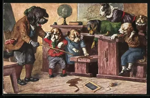 Künstler-AK Arthur Thiele: Klassenzimmer der Hundeschule mit Dackel, vermenschlichte Tiere