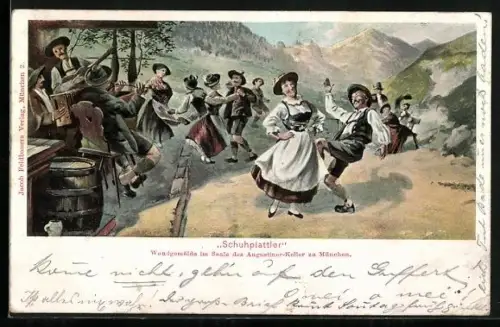 AK München, Schuhplattler, Wandgemälde im Gasthaus Augustiner-Keller