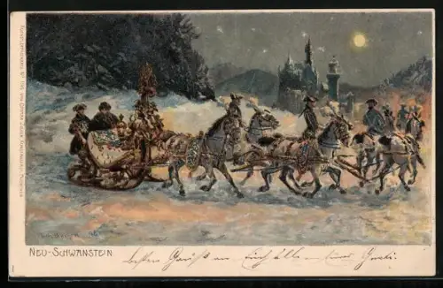 Künstler-Lithographie Fritz Bergen: Neu-Schwanstein, Ludwig II. in Pferdeschlitten