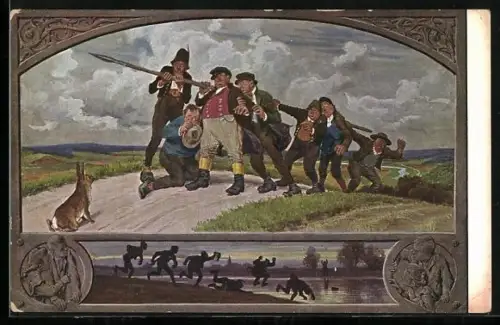 Künstler-AK P. Hey: Die sieben Schwaben tragen einen Speer, sie flüchten sich ins Wasser