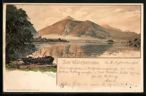 Künstler-Lithographie Otto Strützel: Walchensee, Panoramablick vom Ufer aus