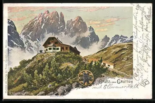 Künstler-AK Rudolf Reschreiter: Gruttenhütte, das Gasthaus unter den Bergen