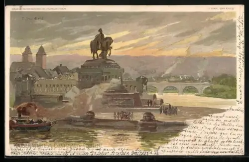 Künstler-AK P. Schmohl: Coblenz, Abendstimmung am Kaiser Wilhelm Denkmal