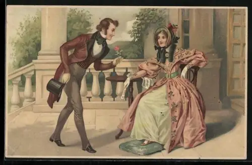 AK Eleganter Herr mit Rose für die Dame, Biedermeier