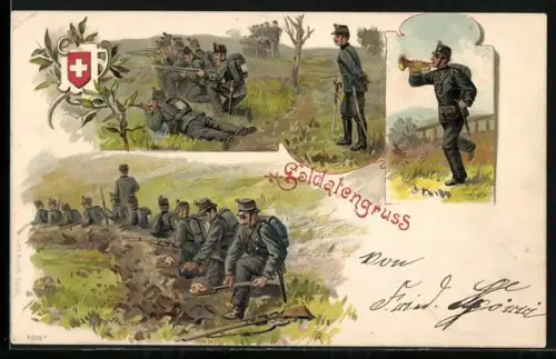 AK Soldatengruss, Schweizer Soldaten mit Tompete und Gewehren