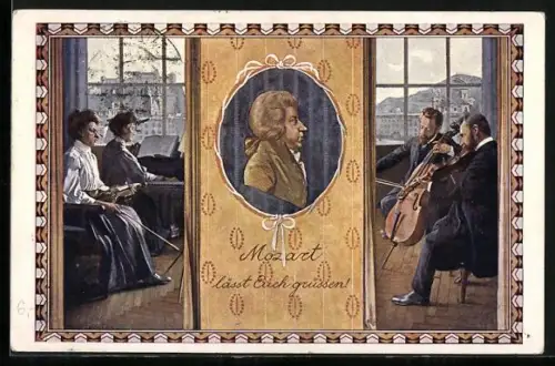 Künstler-AK Salzburg, Mozart-Feier 1910, Porträt Mozarts, Mitglieder eines Orchesters üben ein Werk Mozarts