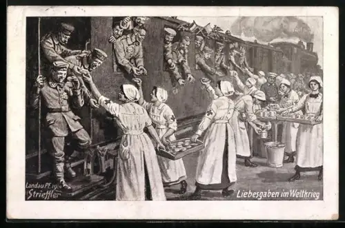 Künstler-AK sign. Strieffler: Liebesgaben im Weltkrieg, Krankenschwestern und Militärbahn, Rotes Kreuz