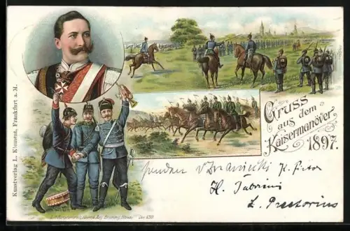AK Grüsse vom Kaisermanöver, Soldaten in Uniform zu Pferde, Wilhelm II.