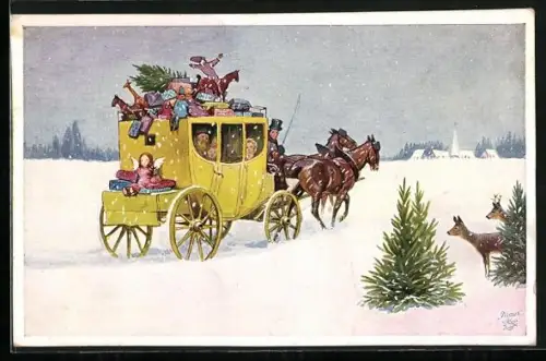 AK Postkutsche mit Paketen bei Schneefall