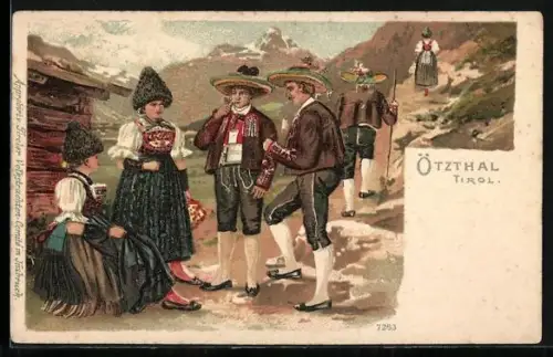 Lithographie Ötzthal, Wanderer in Tracht rasten