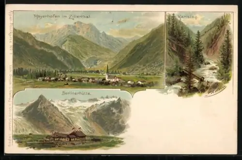 Lithographie Mayrhofen im Zillerthal, Karlsteg, Berlinerhütte
