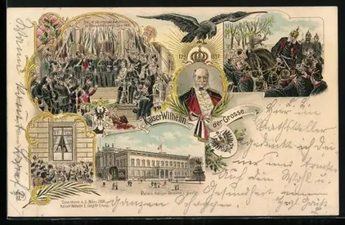 Lithographie Portrait Kaiser Wilhelm I., Palais