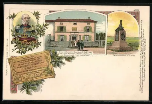 Lithographie Roncourt, Bauernhaus, Sachsendenkmal, Kronprinz Albert von Sachsen