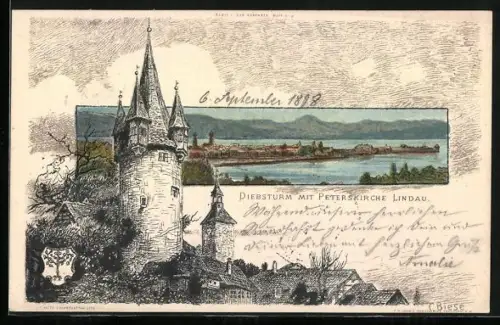 Künstler-AK Karl Mutter: Lindau, Diebsturm mit Peterskirche, Teilansicht