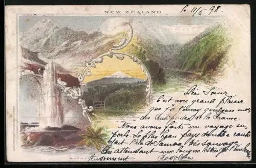 Lithographie New Zealand, Mt. Egmont, Waikite Geyser, Otira Gorge, Mt. Cook