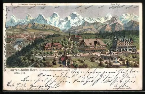 Lithographie Gurten-Kulm, Ortschaft mit Restaurants und Alpenpanorama