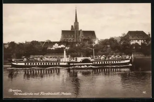 AK Breslau, Dampferpartie mit Blick zur Kreuzkirche und Fürstbischöfl. Palais