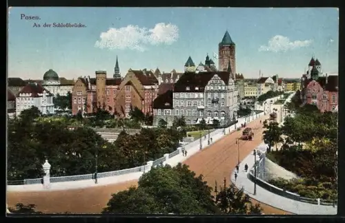 AK Posen-Poznan, belebte Partie an der Schlossbrücke, Strassenbahn