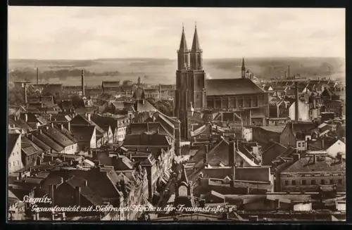 AK Liegnitz, Gesamtansicht mit Liebfrauen-Kirche und der Frauenstrasse