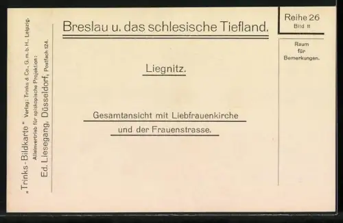 AK Liegnitz, Gesamtansicht mit Liebfrauen-Kirche und der Frauenstrasse