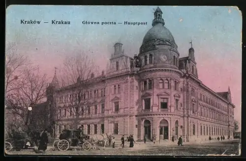 AK Krakau-Krakow, Glówna poczta, Hauptpost, Pferdekutsche