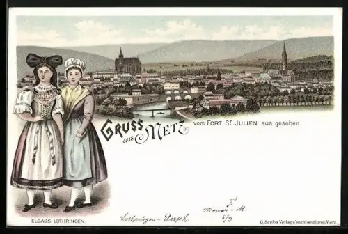Lithographie Metz, Ortsansicht vom Fort St. Julien aus, Trachten Elsass-Lothringen