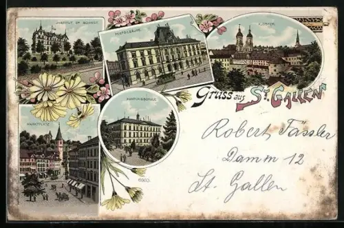 Lithographie St. Gallen, Kantonsschule, Institut Dr. Schmidt, Kloster