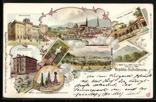 Lithographie Teplitz Schönau / Teplice, Panorama, Kaiserbad, Fachschule für Thon-Industrie & Eichwald