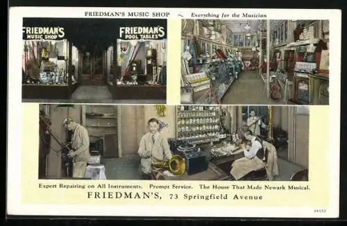 AK Newark, NJ, Friedman`s Music Shop, Springfield Avenue 73, Aussen- u. Innenansichten