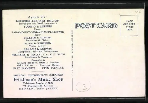 AK Newark, NJ, Friedman`s Music Shop, Springfield Avenue 73, Aussen- u. Innenansichten