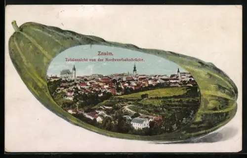 Passepartout-AK Znaim, Totalansicht von der Nordwestbahnbrücke in Gurke