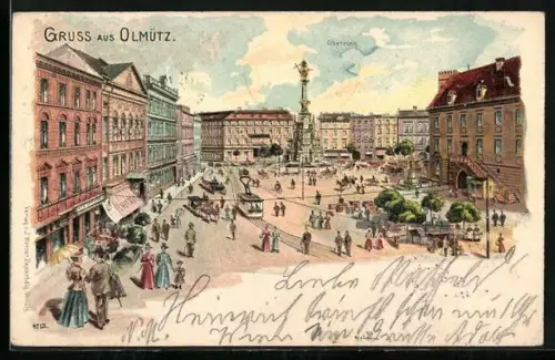Lithographie Olmütz, Oberring, Dreifaltigkeissäule, Strassenbahn